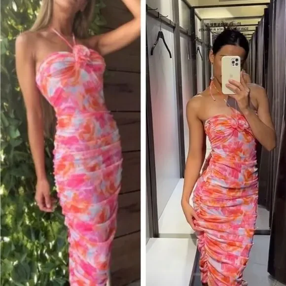 ZARA PRINTED TULLE MIDI DRESS PINK FLORAL - Picture 5 of 17